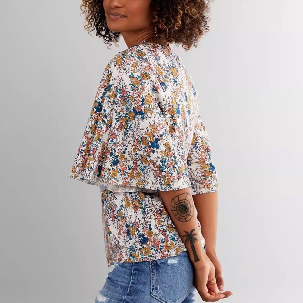 Daytrip Floral Flutter-Bell Sleeve Top - White Floral Multicolor